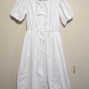 Women’s White Midi Dress with Eyelet Hem Puff Sleeve Cottage Core Size M